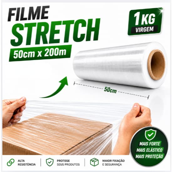 1 Bobina Rolo Filme Stretch (1KG) 50cm x200 metros Virgem Transparente Estiramento até 300%