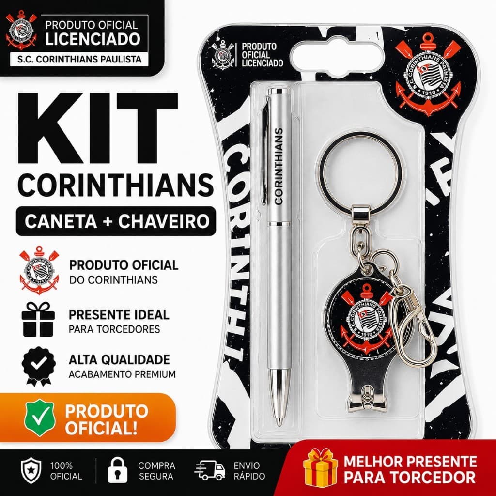 Kit Corinthians Caneta Chaveiro Cortador Multiuso Oficial Original Presente Premium Torcedor Futebol