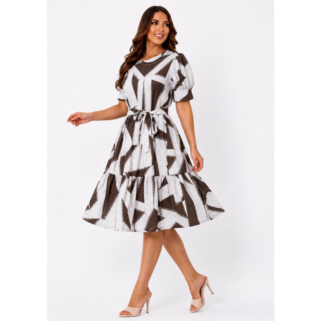 Vestido  Estampado Para Moda Evangelica De Babado, Saia Rodada E Manga Bufante