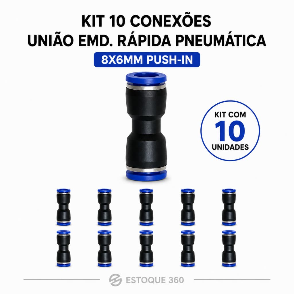 Kit - 10 Conexões União Emd. Rápida Pneumática 8x6mm Push-in
