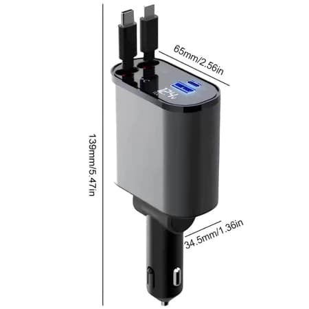 Carregador Veicular 4 em 1 com Giro 180° – USB-C + Lightning, Alta Velocidade e Praticidade