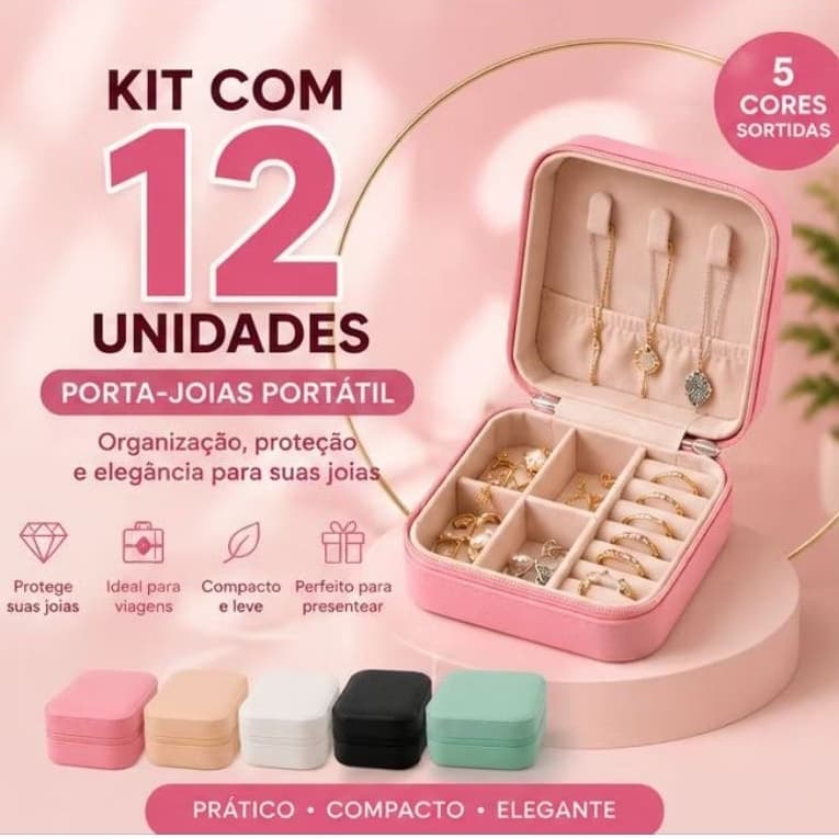 Kit 12 Porta-Joias Portátil Feminino Organizador de Joias Viagem Compacto com Zíper