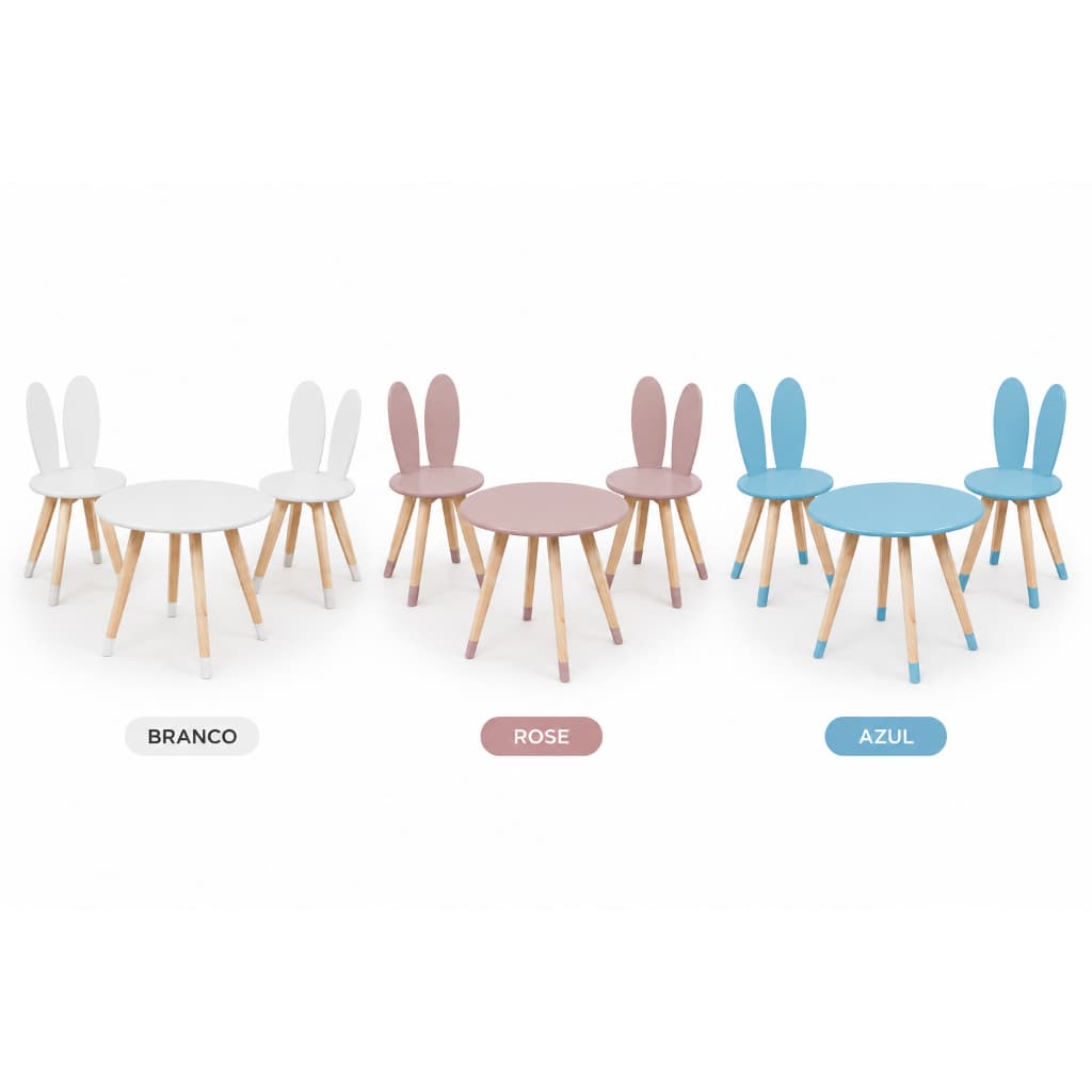 Kit 2 Cadeiras + Mesa Redonda Brinquedotecas Creches Escolas Madeira Pinus Resistente Educativo Fácil de Limpar Coelho