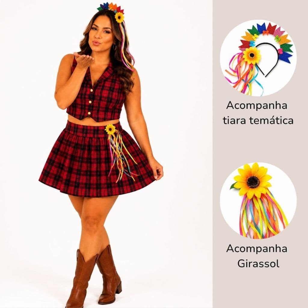 Conjunto Feminino Xadrez Festa Junina Colete E Saia Aplique De Girassol E Tiara