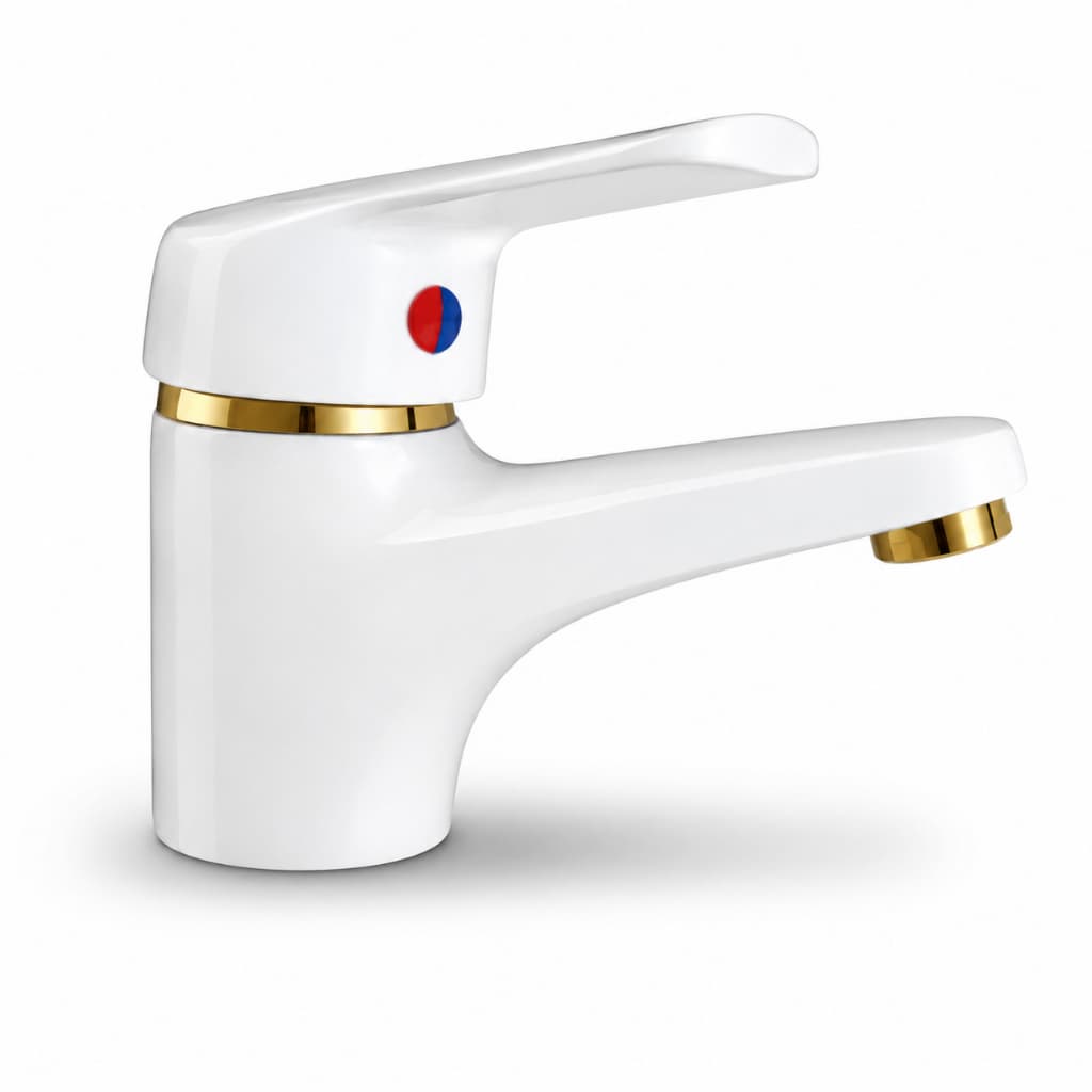 Torneira Monocomando de Bancada Quente e Frio Para Lavatório/Lavabo/Banheiro Branco e Dourado - Plumbing Products