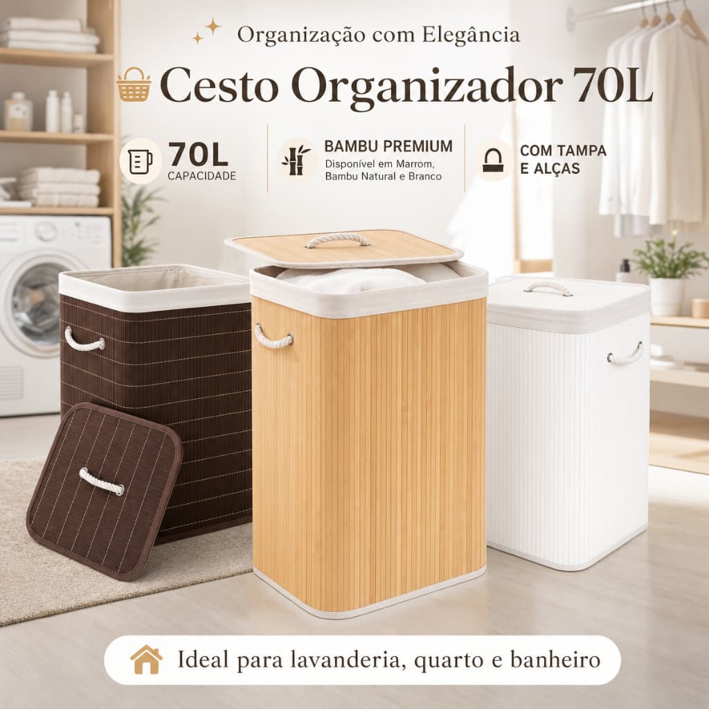 Cesto Organizador Bambu Branco Marrom Grande  Com Tampa Alcas 70 Litros Branco Versatil Duravel