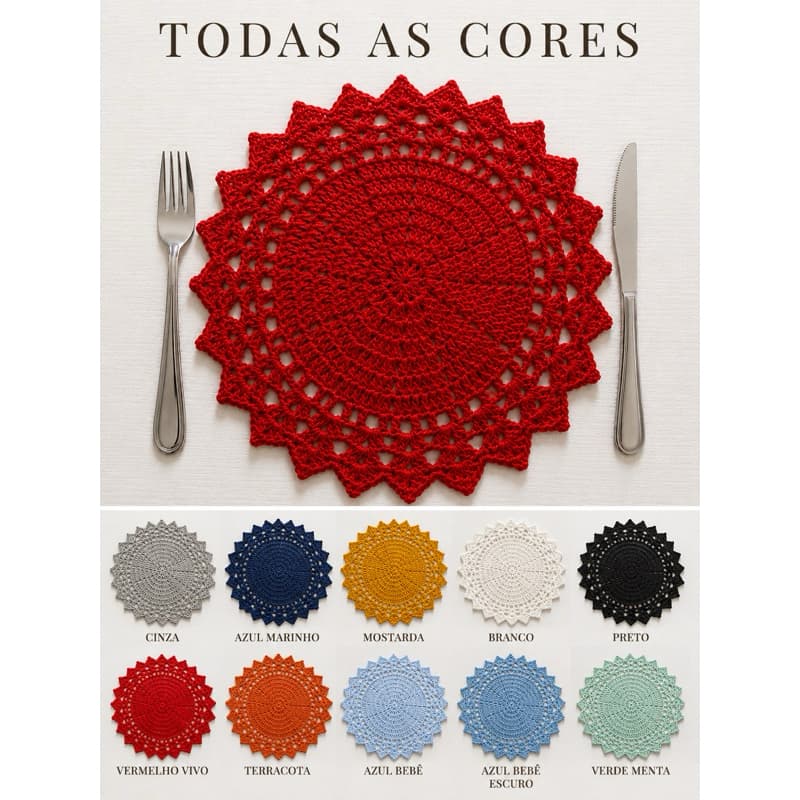 Jogo Americano de Crochê (VARIAS CORES) Mesa Posta Sousplat de Crochê 36cm Toalhinha de Crochê