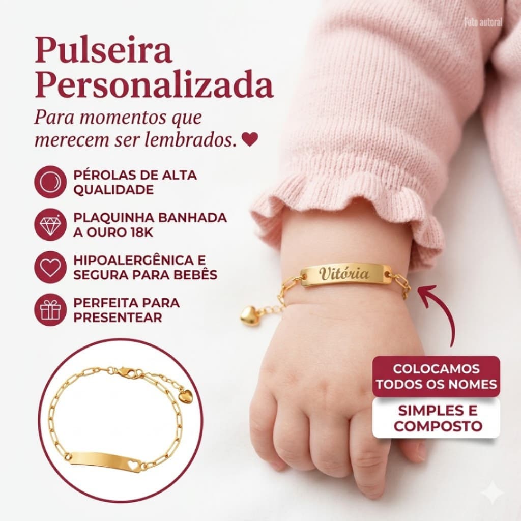 Pulseira Infantil com Nome Gravado Semi Joia Banho Ouro Ah199