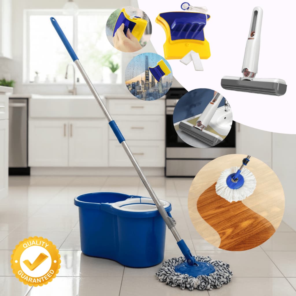 Kit Limpeza Completa Mop Giratório 360º Balde 8L + Mini Mop Portátil + Limpa Vidros Magnético
