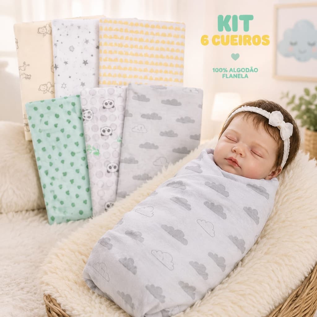 Kit 6 Cueiros Para Bebê Flanelado Manta Charutinho 80x60 Estampado Papi 100% Algodão Menina Menino Infantil