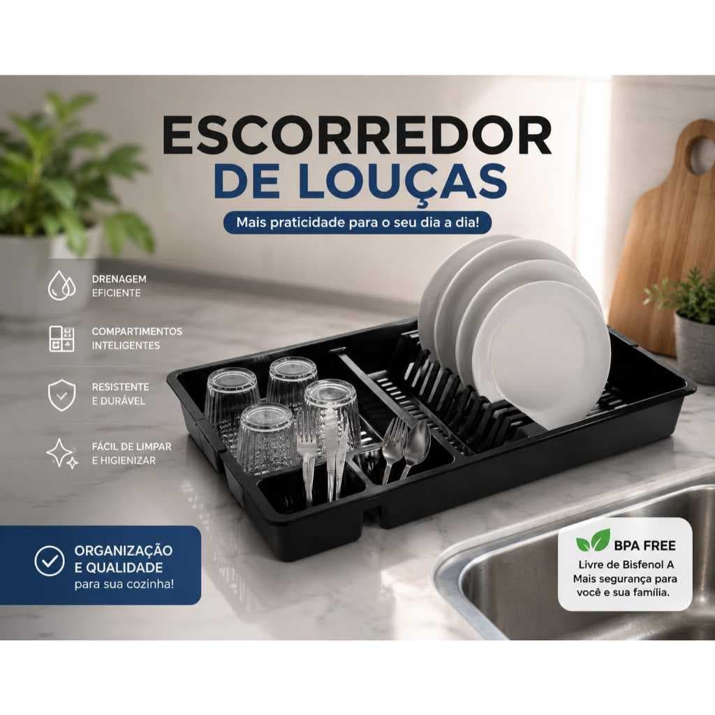 Escorredor de Louças Xplast Preto – Plástico Reforçado, Design Moderno e Durável