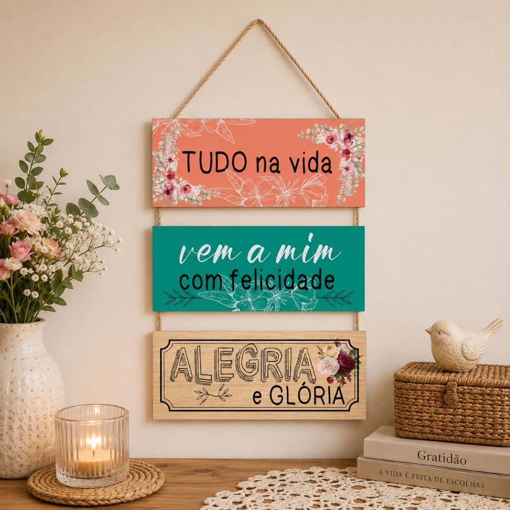 Placa Decorativa MDF com corda Sisal Tudo na Vida Vem a Mim com Felicidade Alegria e Glória Decoração Casa Sala Quarto