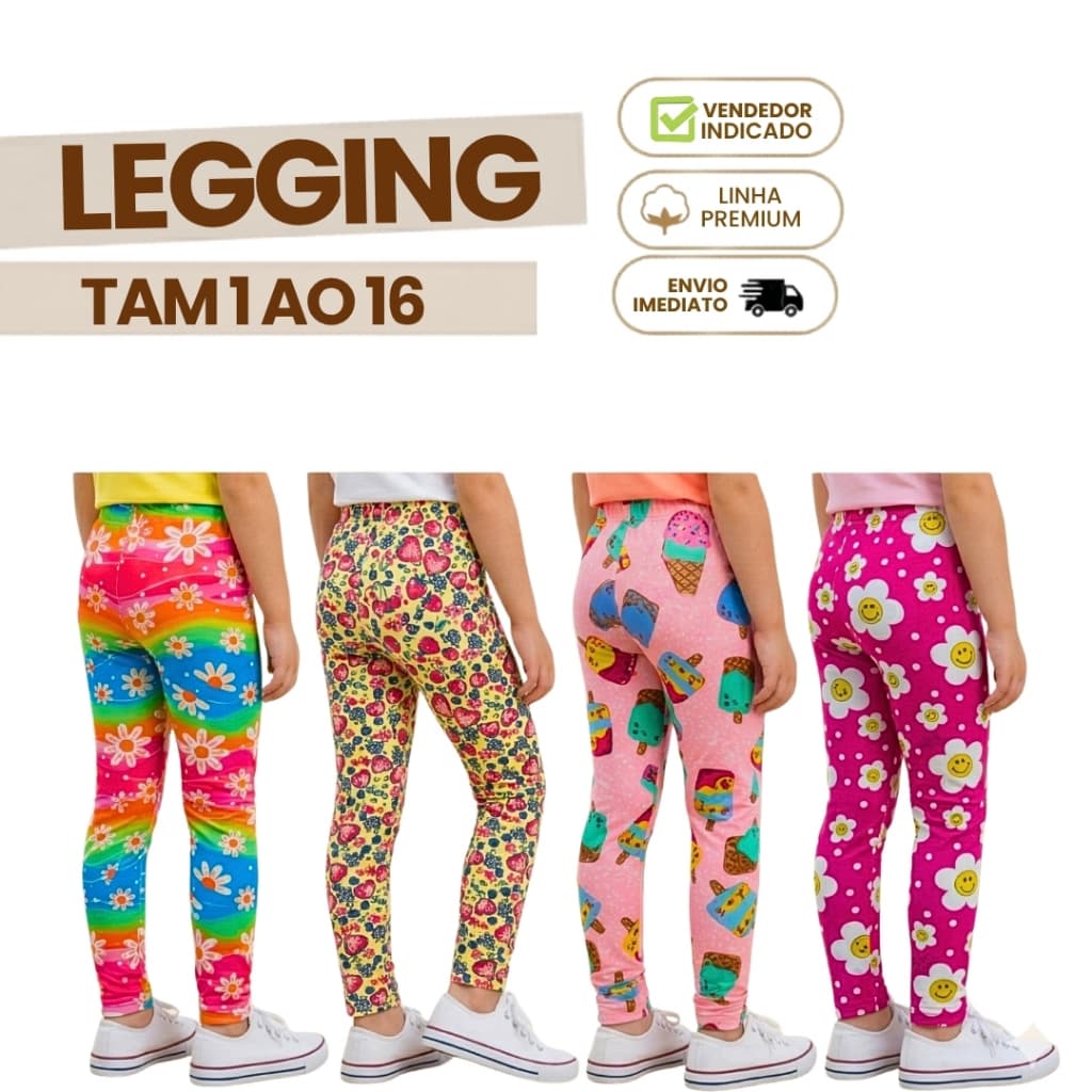 Kit 3 Leg Infantil Feminina Algodão Suplex Legging Barata Menina Promoção Sortidas 1 ao 16 Oferta