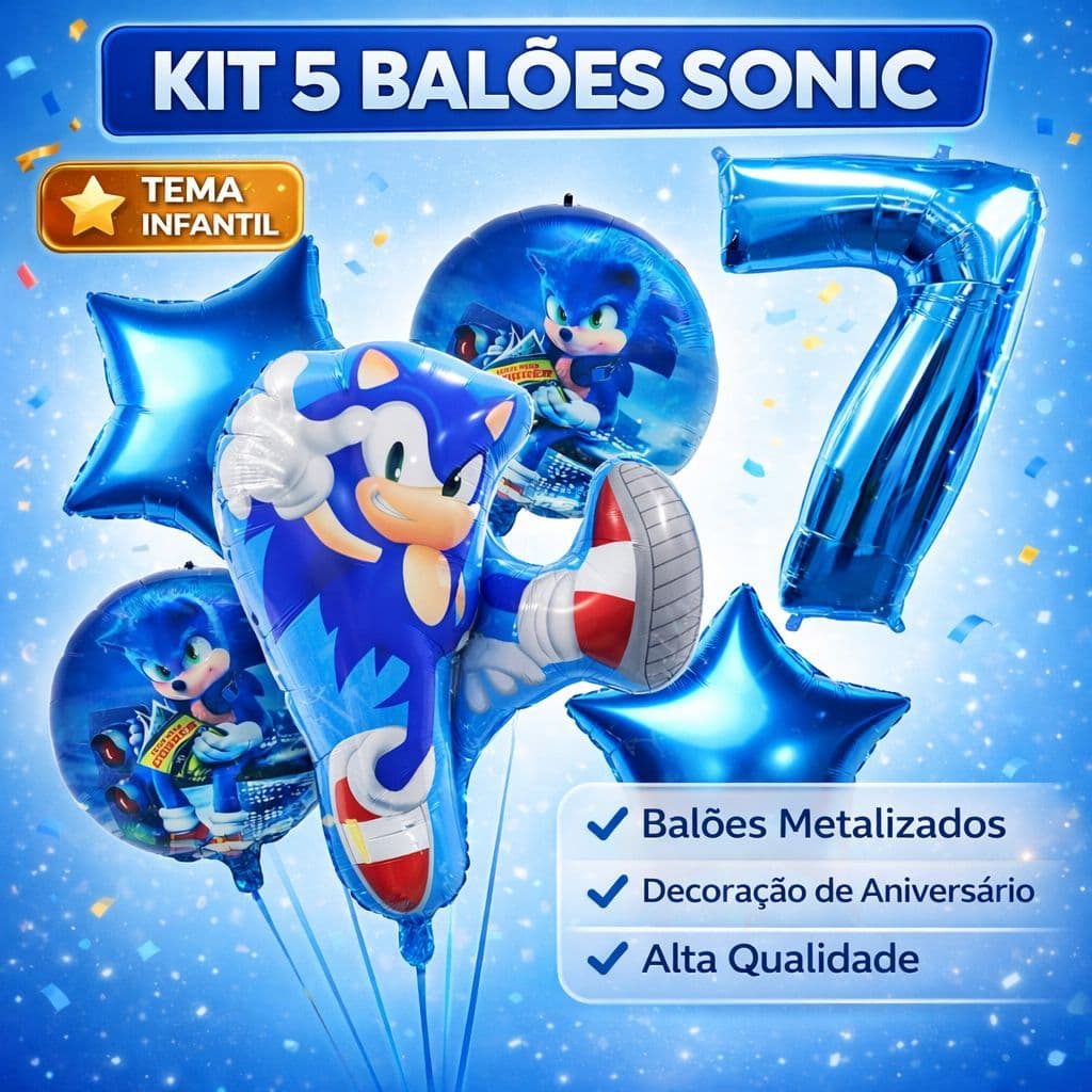 Kit 5 Balão Metalizado Sonic Descoração