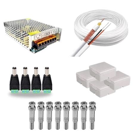 Kit Instalação Câmeras Segurança 4 Canais Cabo Coaxial + Fonte + Conectores + Caixas Passagem