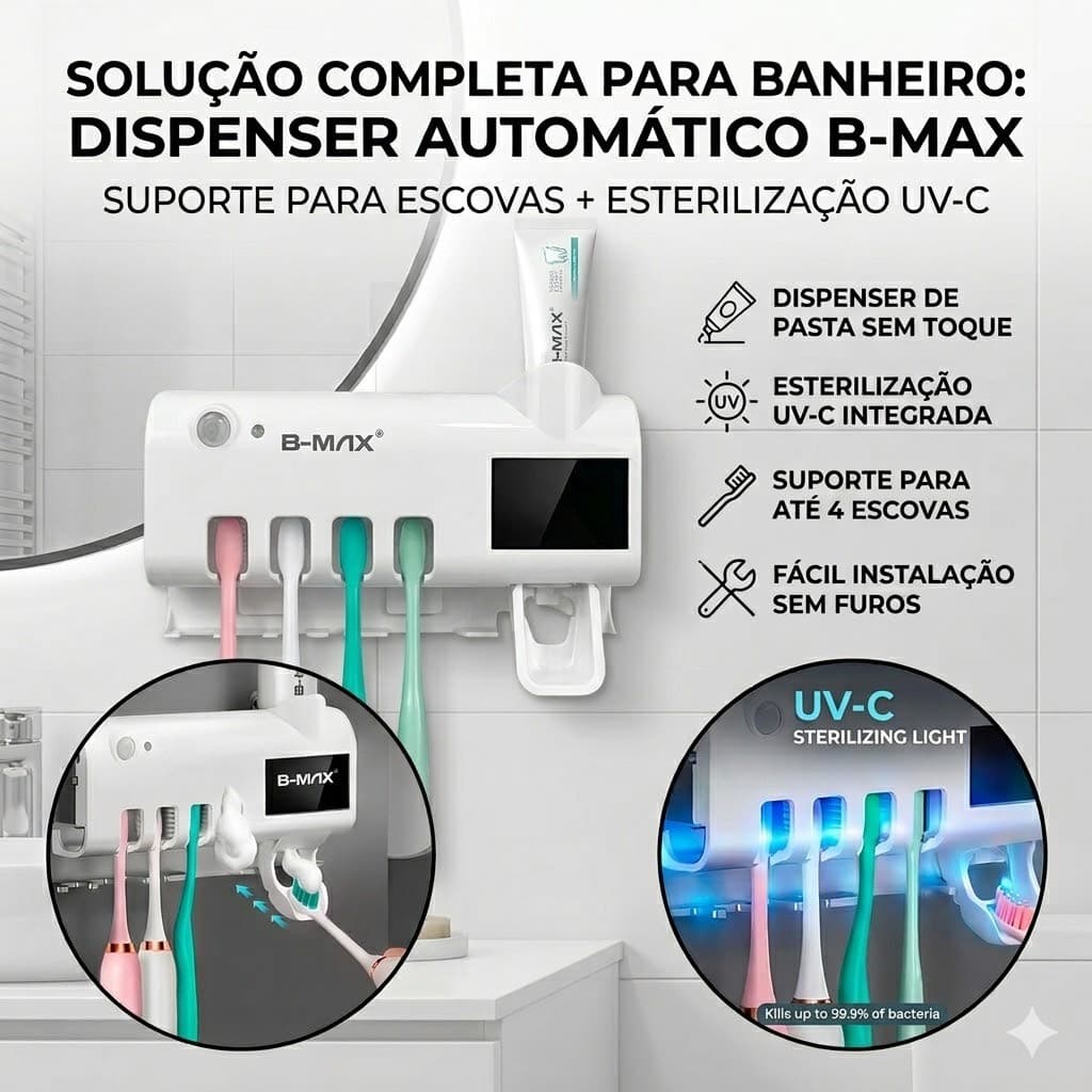 Porta Escova De Dente e Pasta Esterilizador UV Recarregável Sensor Automático B-MAX