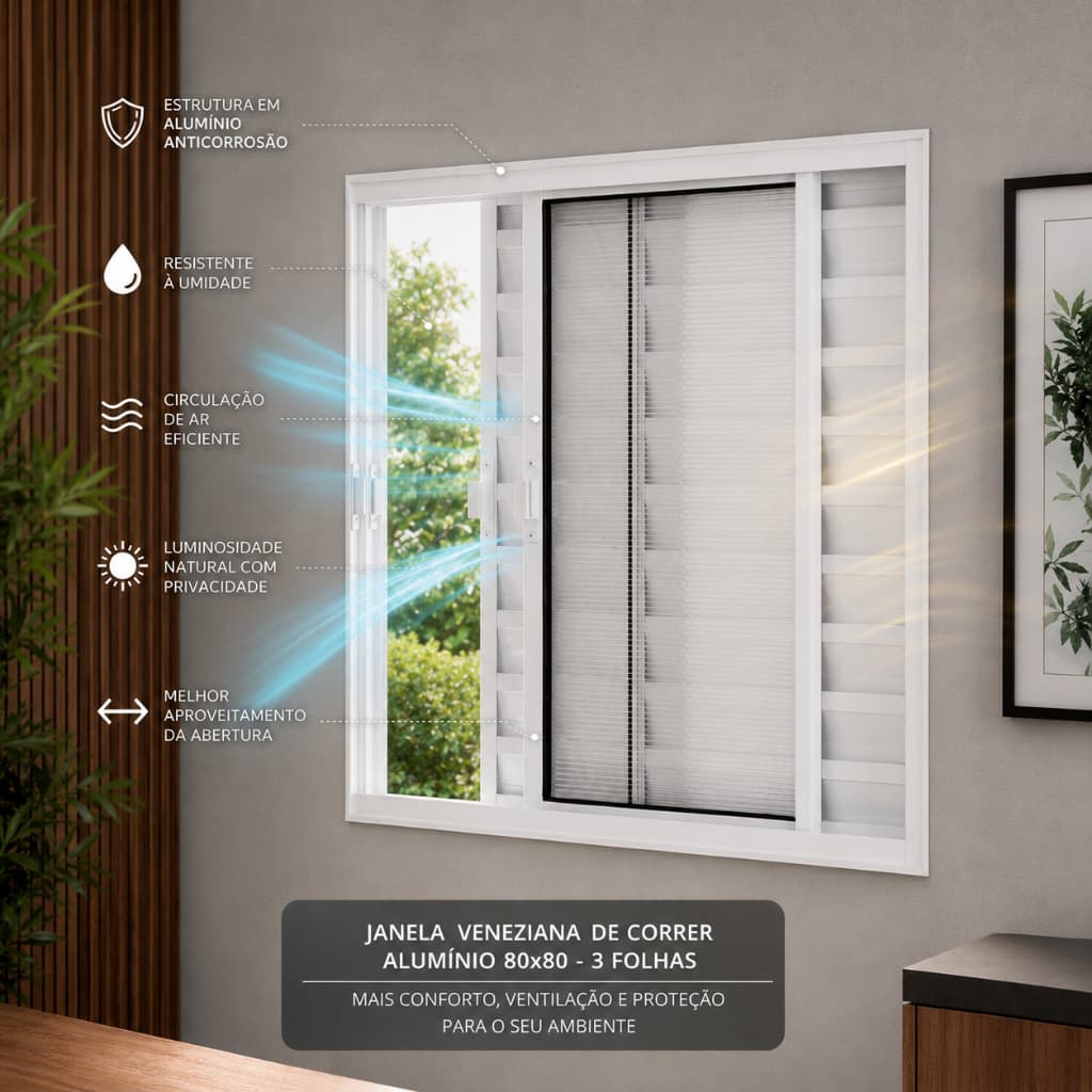 Janela de Alumínio Veneziana 80x80cm 3 Folhas 2 Moveis e 1 Fixa Policarbonato Canelado Quarto Resistente