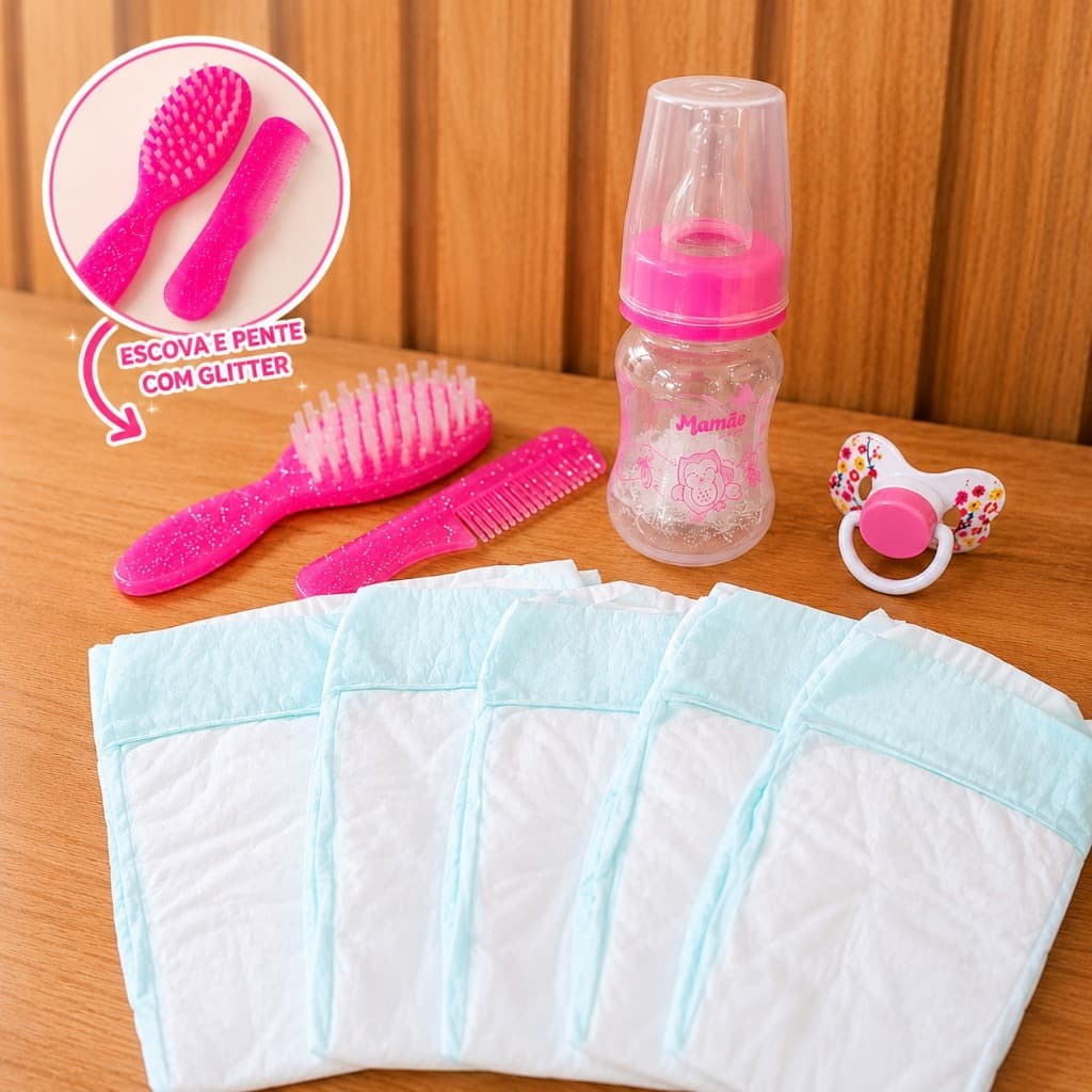 Kit 9 Peças Boneca Reborn Chupeta Magnética Mamadeira Pente e Escova Glitter + 5 Fraldas Rosa