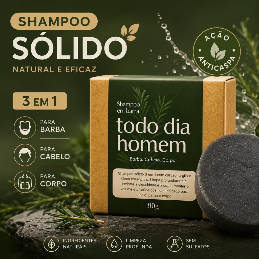 Shampoo em Barra 3 em 1 Homem Anticaspa Barba Cabelo Corpo Carvão Ativado 90g