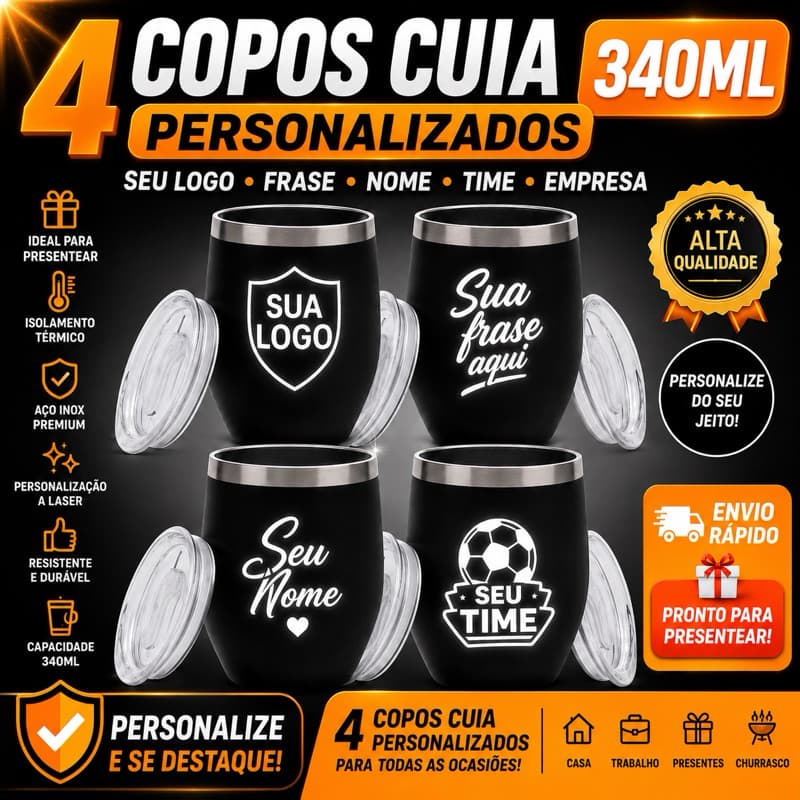 Kit 4un Copo Térmico 340ml Aço Inox com Tampa | Anti Vazamento e Conservação Térmica Nome Frase Time Batizado