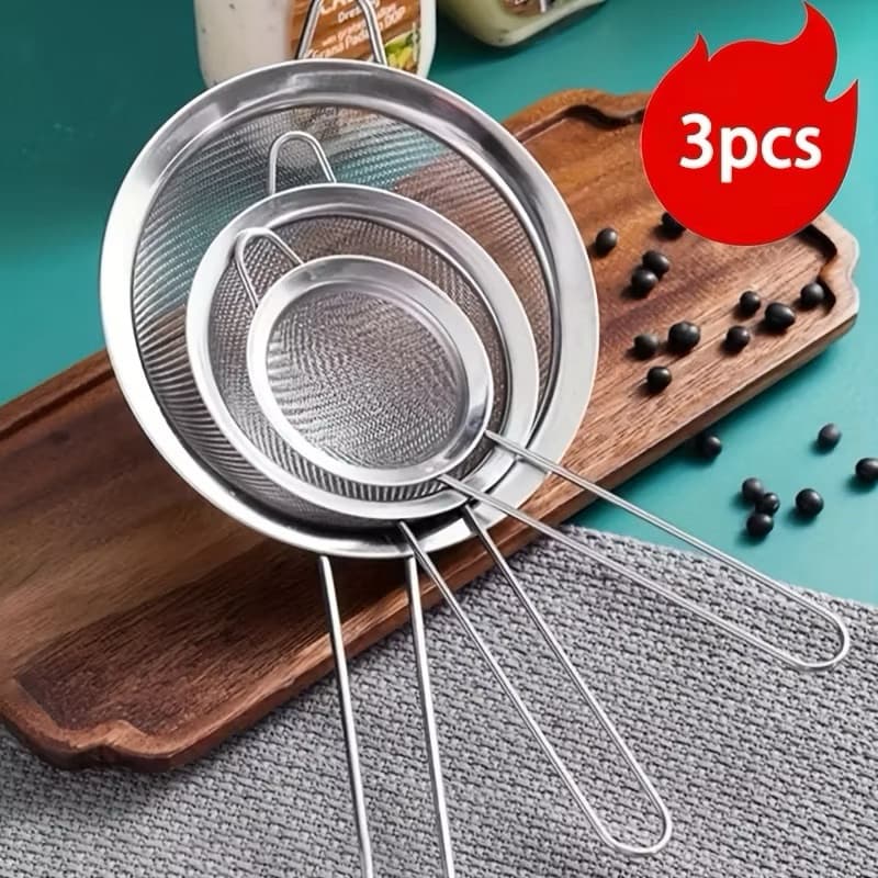 Kit 3 peneira de metal Coador de Aço inox Resistente à Oxidação e Fácil de Limpar