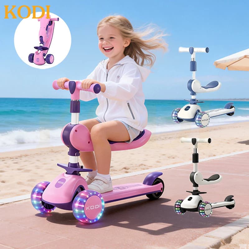 Patinete Infantil 3 em 1 1-12 Anos, Assento Dobrável Removível, LED e Música, Altura Ajustável, Seguro e Resistente-P15