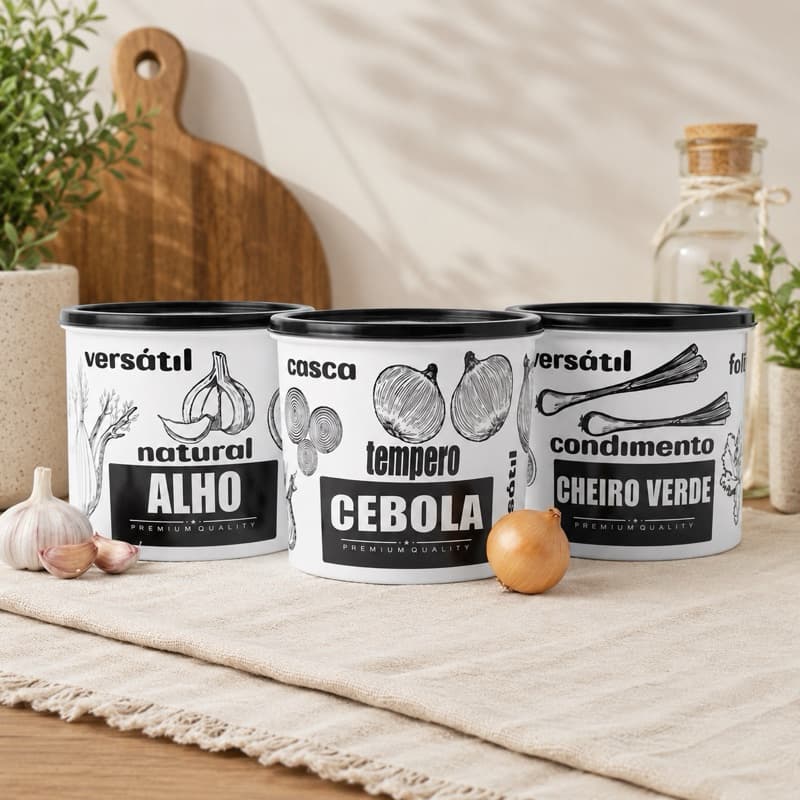 Kit 3 Potes Porta Mantimentos Alho Cebola Cheiro Verde Lata Organizadora Cozinha Retro Vintage Decoração Branca Premium
