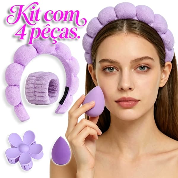 Kit Beleza 4 em 1 Skincare: Faixa + Pulseira + Esponja + Prendedor Floral