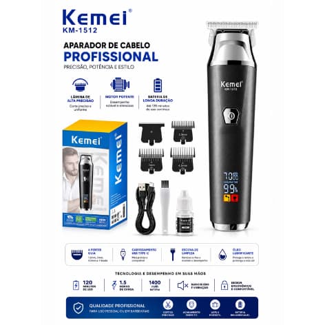 Máquina de Cortar Cabelo e Acabamento Sem Fio Kemei KM-1512 Cortador de Cabelo e Barbear Bivolt