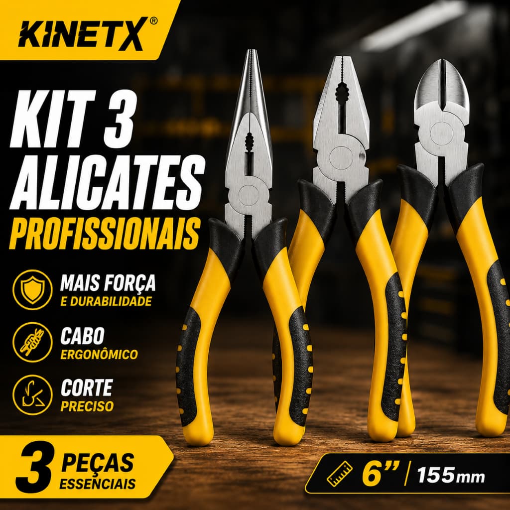 Kit Alicate Universal de Corte Bico Fino 3 Peças Profissional 6 Pol Aço CR-V KINETX