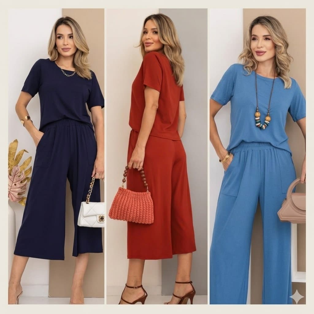 Conjunto pantacourt calça pantalona  blusa cropped alongado elegante confortável leve moda feminina com bolso básico