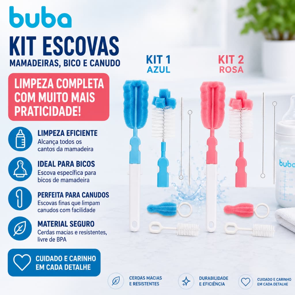 Kit Limpeza Escovas Para Mamadeiras Bicos e Canudos - Buba Azul e Rosa Higienização