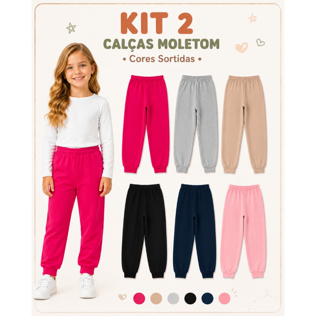 Kit 2 Calça Moletom Menina Peluciada Feminina Bebe Infantil Juvenil Inverno Frio com Punho
