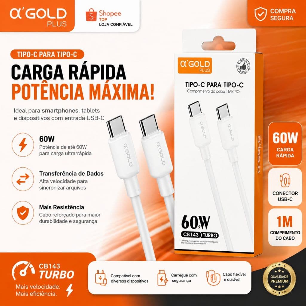 Cabo USB-C para USB-C 60W Turbo | Compatível iPhone 15/16, Samsung, Xiaomi, Motorola