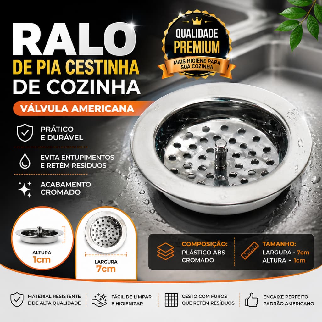 Ralo de Pia Cestinha de Cozinha 7cm Válvula Americana Cesto Cromado ABS