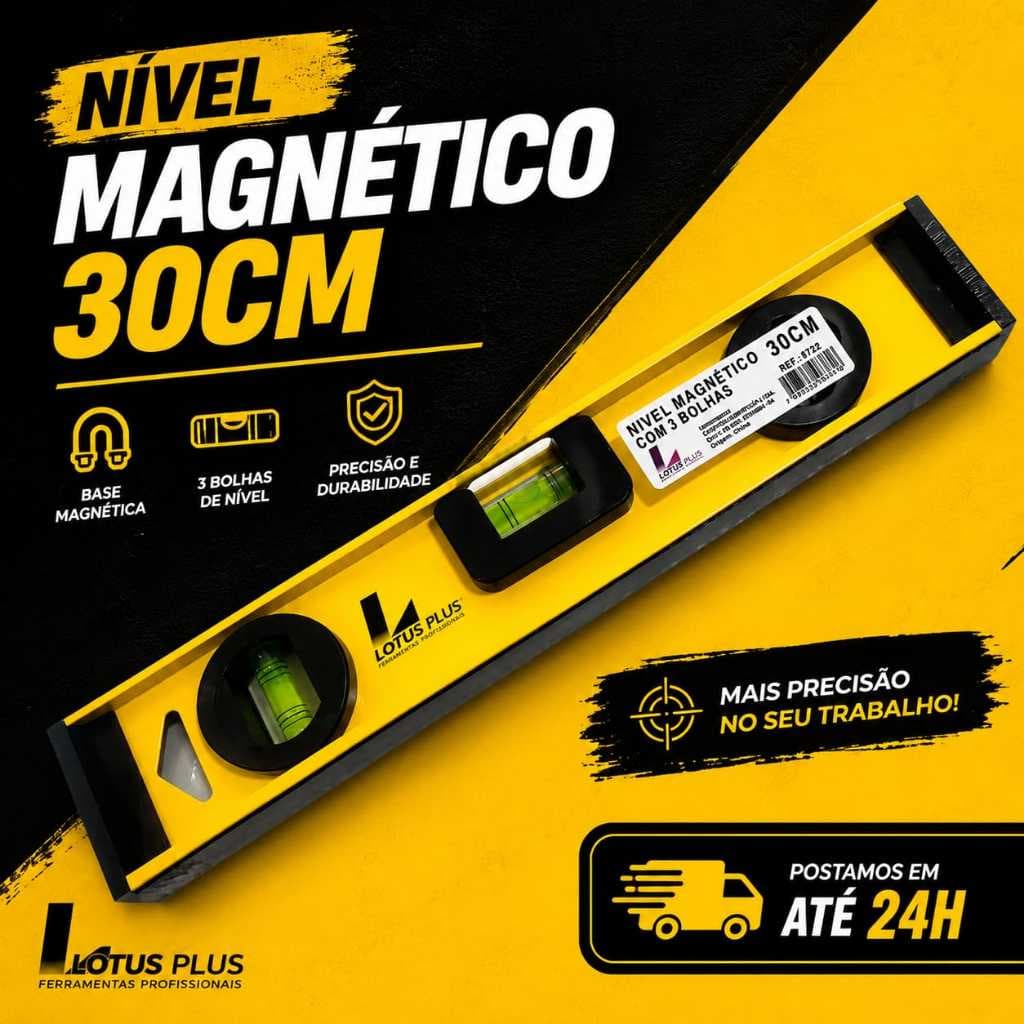 NÍVEL ALUMÍNIO 30CM COM FITA MAGNÉTICA 3 BOLHAS LOTUS