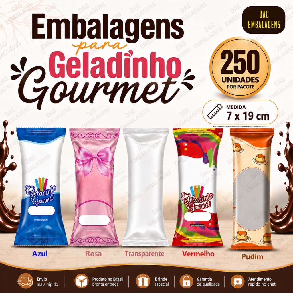 Embalagem para Geladinho Gourmet 250 á 260 Unidades BOPP Higiênica Alta Resistência 7x19