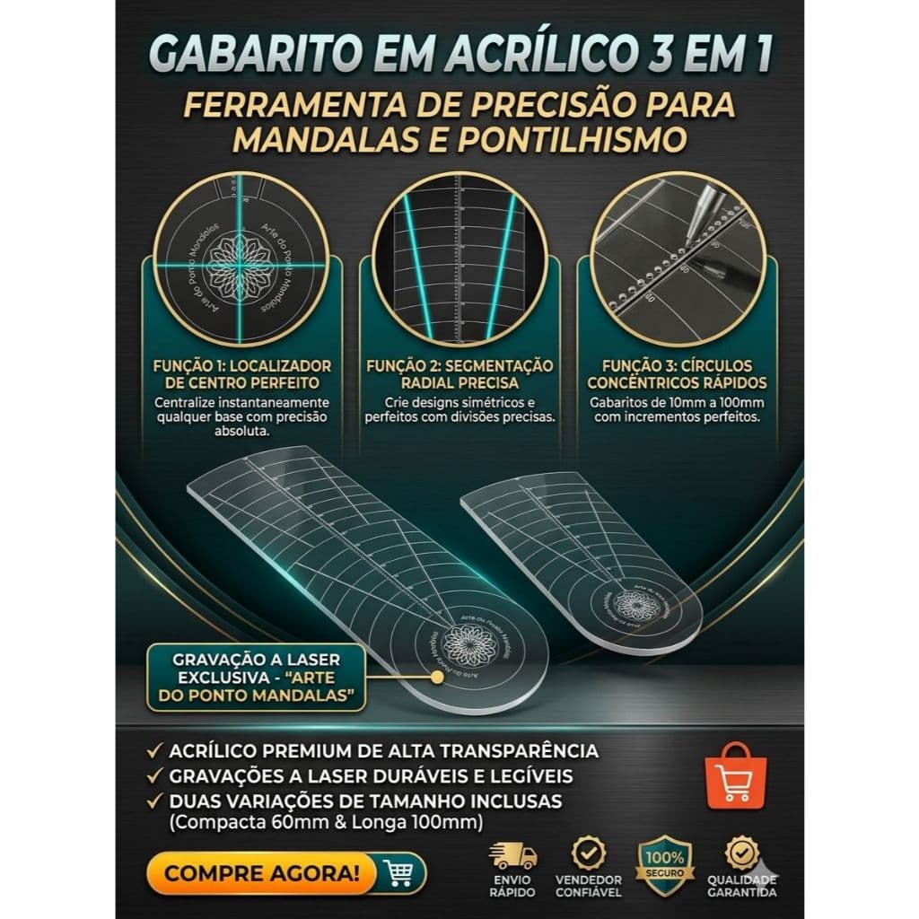 ✨ Gabarito 3x1 acrílico – Marcação de Centro, Linhas Guias e Compasso para Bases de 60cm a 1m
