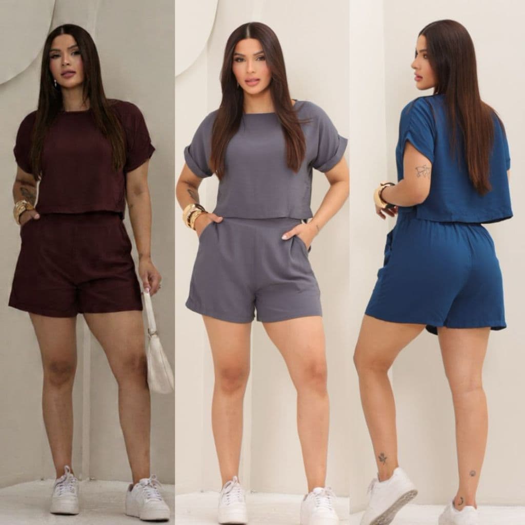 Conjunto Feminino Alfaiataria Cropped e Shorts Cintura Alta Viscolinho Liso