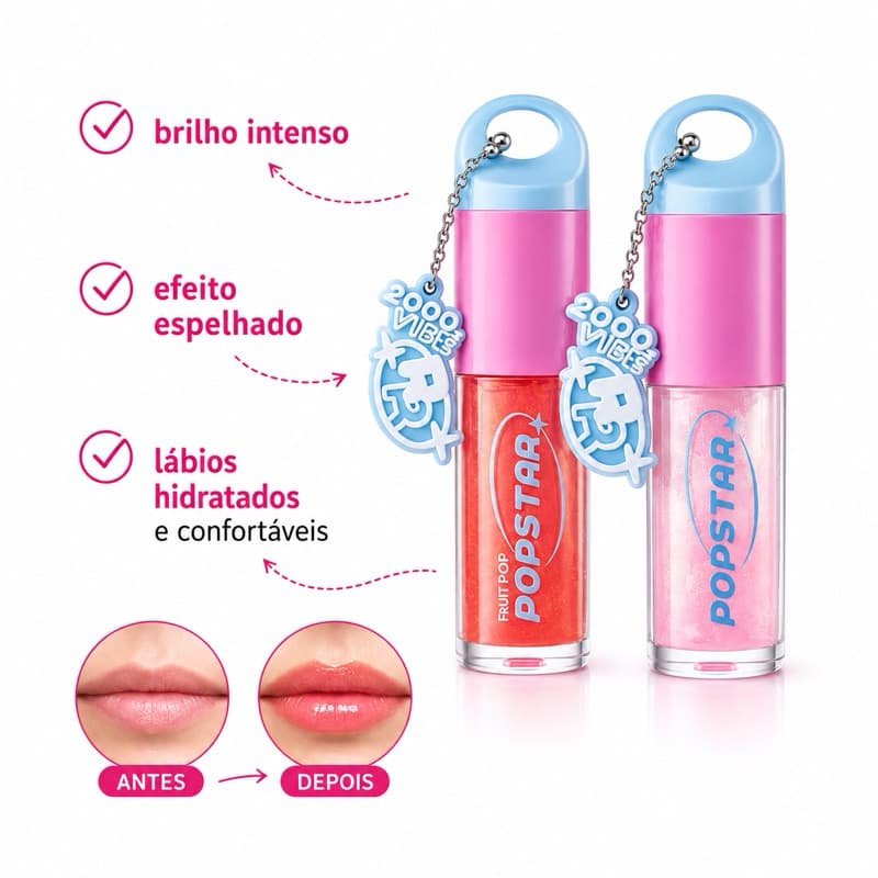 Gloss Labial Confortável e Hidratante – Lábios Macios e Brilhantes – Ruby Rose Pop Star
