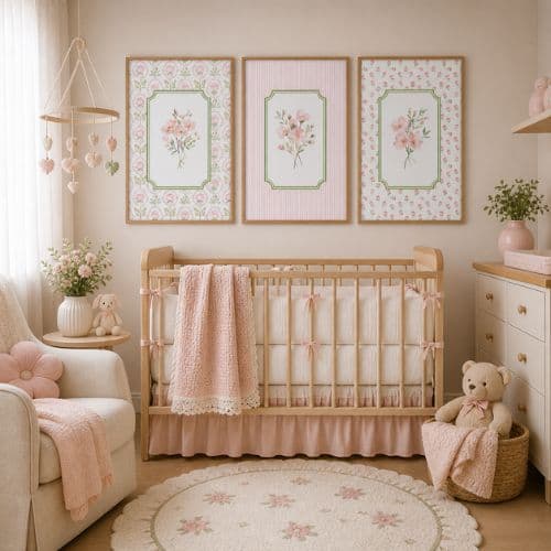 Kit 3 Quadros Decorativos Infantil | Quarto Bebê Menina |  Vintage, Aquarela, Flores, Jardim - No248