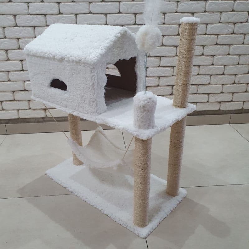 Arranhador Casa de gatos arranhador 2 andares com rede e brinquedo.