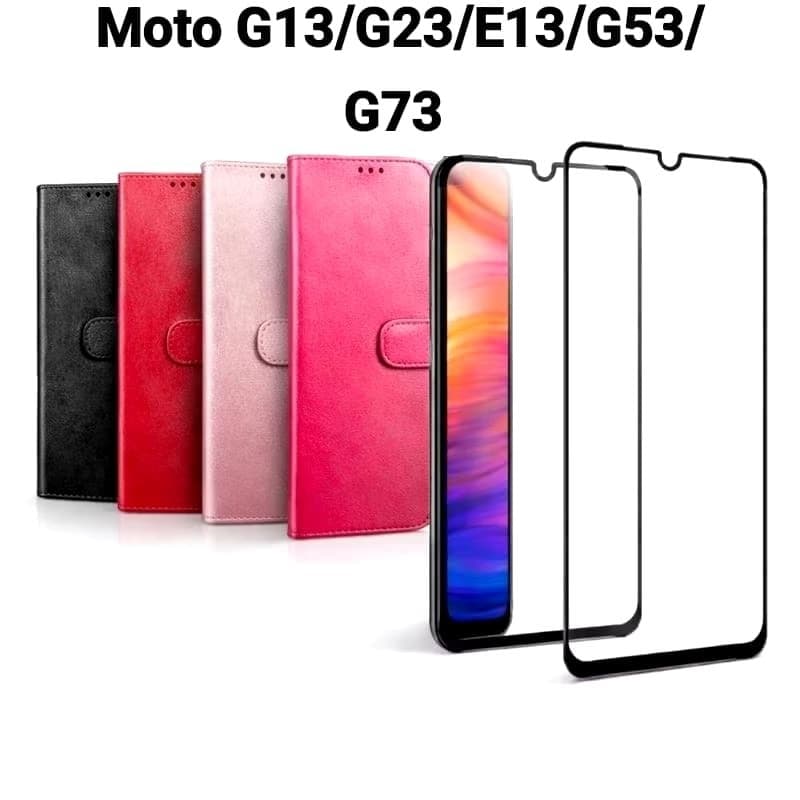 Kit capa carteira + pelicula 3D Moto G13 Moto E13 Moto G23 Moto G53 Moto G73