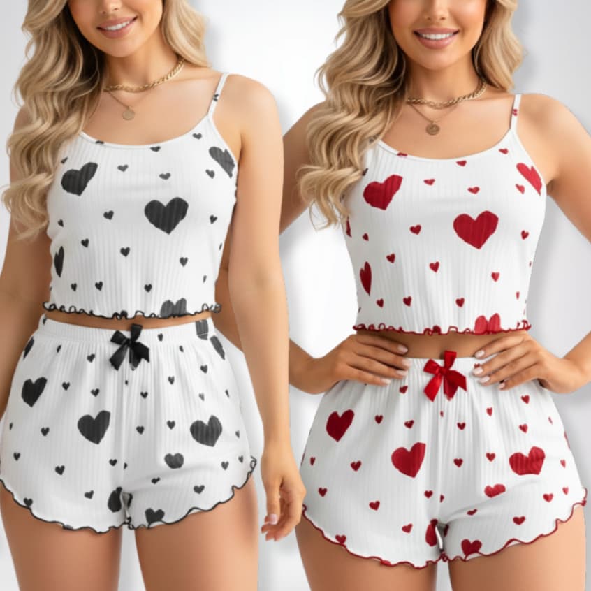 Kit 2 Pijama Feminino Baby Doll Estampa Coração Blusa e Shorts Fresquinho Noites de Verão e Inverno