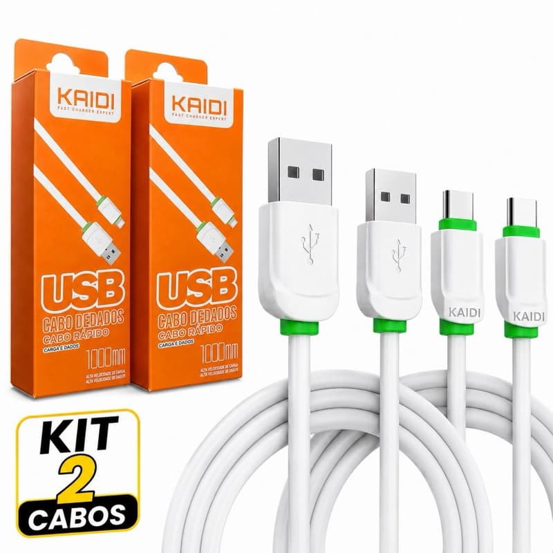 Kit 2 Cabos USB Tipo C Original Kaidi Carregamento Rápido 1 Metro