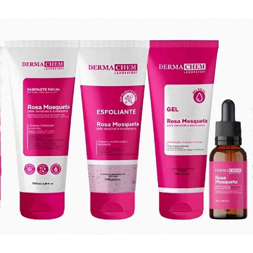 Kit Rosa Mosqueta Dermachem Clareador de Manchas Sabonete Facial Gel Esfoliante Sérum Skincare