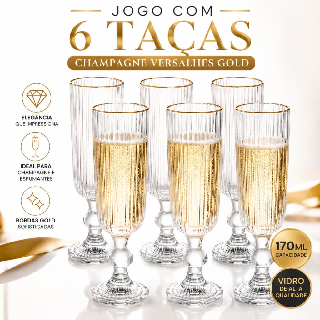 Kit 6 Taça Champanhe Espumante Versalhes Borda Dourada 170ml Vidro Festa Presente