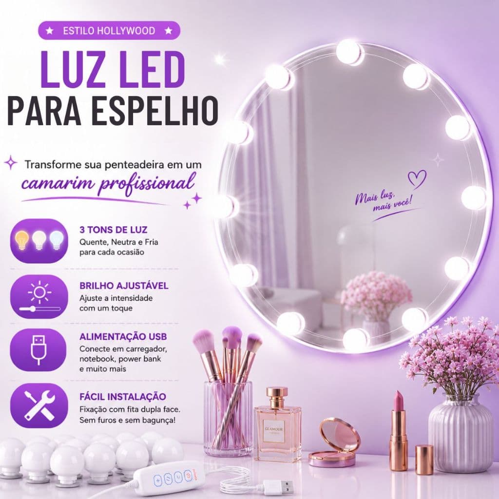 Luz Led 10 Lâmpadas Para Espelho Camarim Autocolante USB