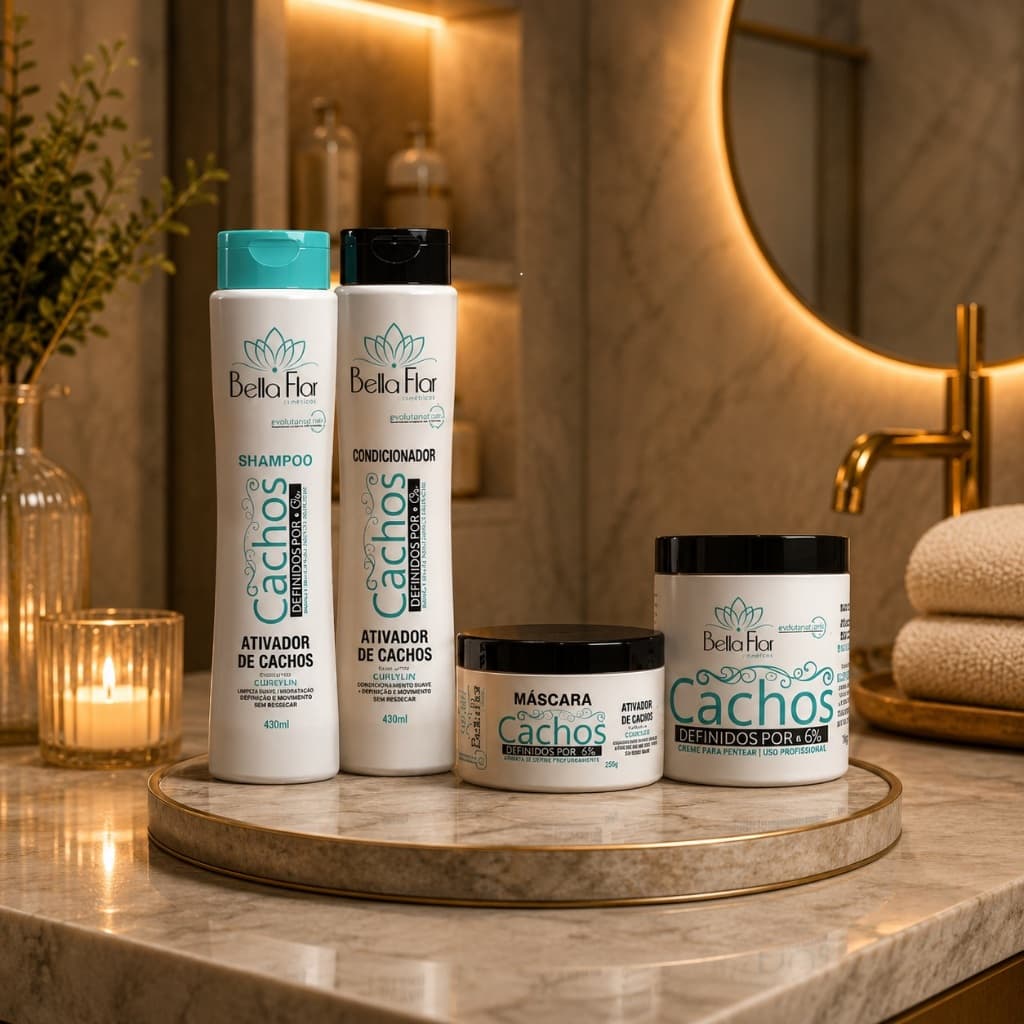 Kit Cachos 4 Produtos Shampoo Condicionador Máscara 300g + Ativador 500g Bella Flor Definição Anti-Frizz