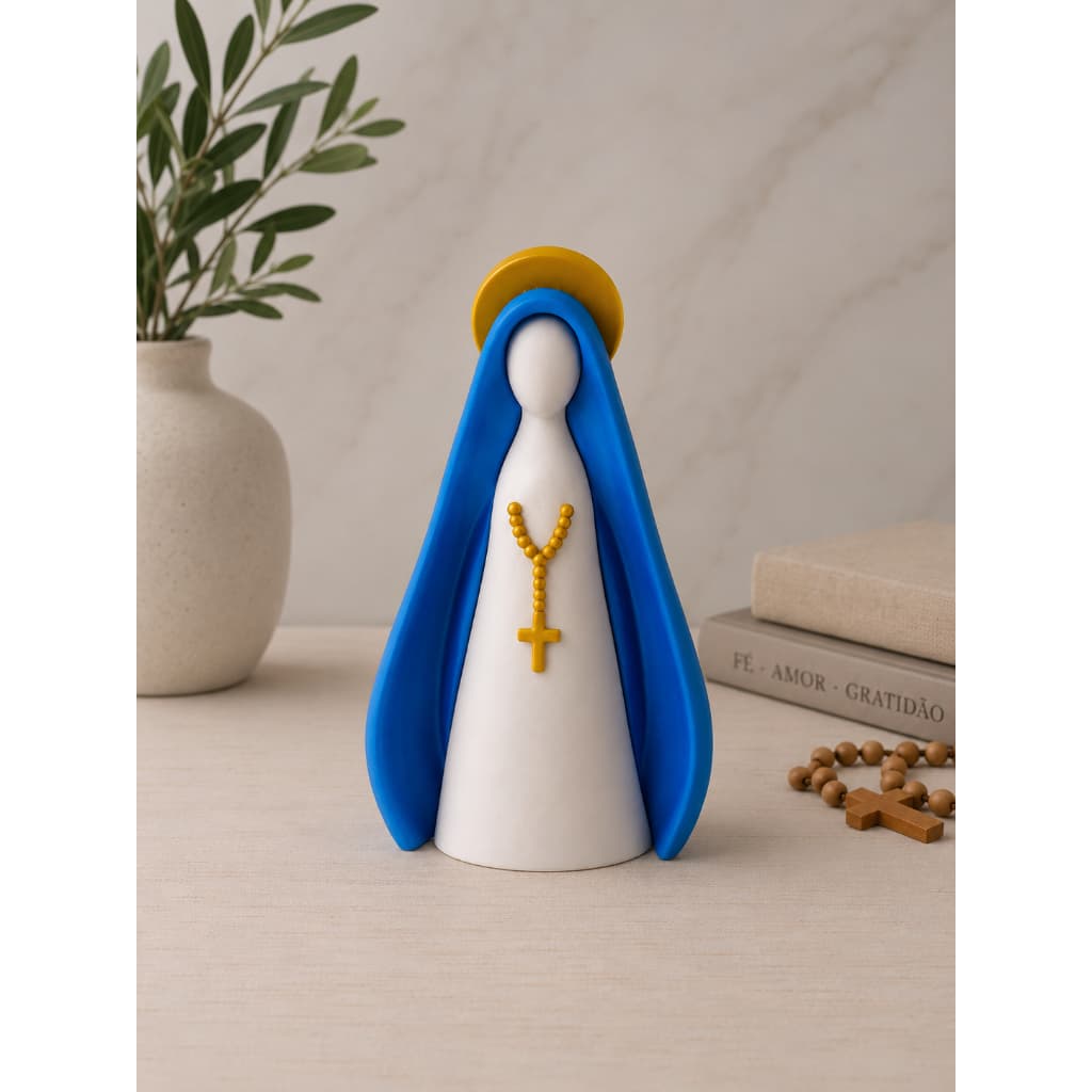 Escultura Nossa Senhora Minimalista Decorativa com Manto Azul e Halo Dourado | Virgem Maria